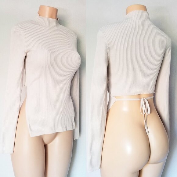 Aritzia Babaton Sculpt Knit Tie Back Sweater Long Sleeves Rib Mock Neck S $98 - Picture 5 of 16